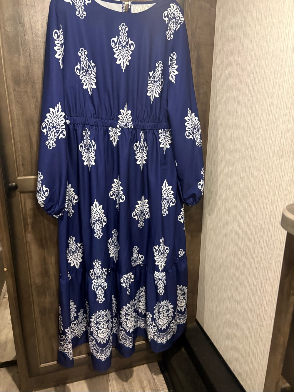 Women's Navy Blue Printed Long Sleeve Dress